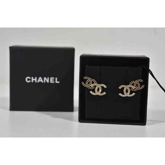 Chanel 22B Gold Black Crystal CC Double Logo Large Dangle Statement Stud Earring - Picture 4 of 12
